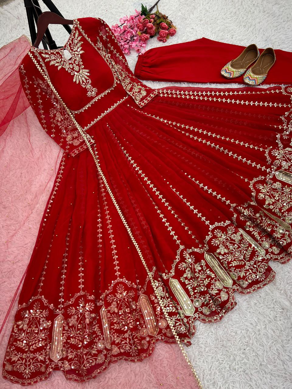 Designer Red Georgette Diwali Special Anarkali Gown With Dupatta