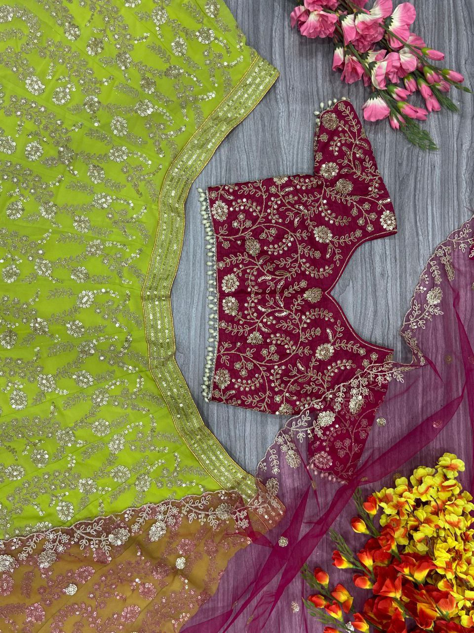Wedding Wear perrot Color Georgette Shimmer Dori Work Heavy Sequins Lehenga Choli