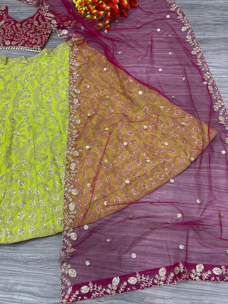 Wedding Wear perrot Color Georgette Shimmer Dori Work Heavy Sequins Lehenga Choli