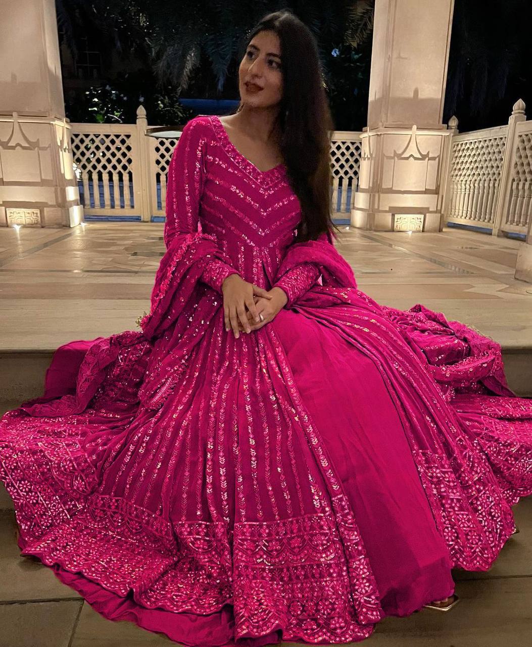 Party Wear Georgette Stitched Gown With Lehenga Dupatta