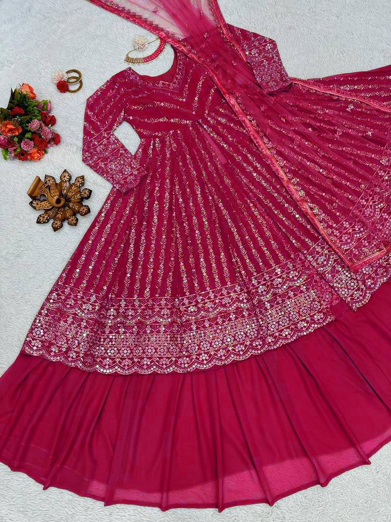 Party Wear Georgette Stitched Gown With Lehenga Dupatta
