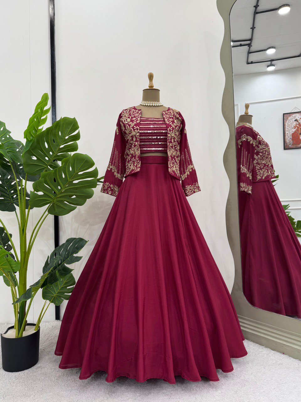 Designer Maroon Chinon Silk Western Lehenga Choli Set
