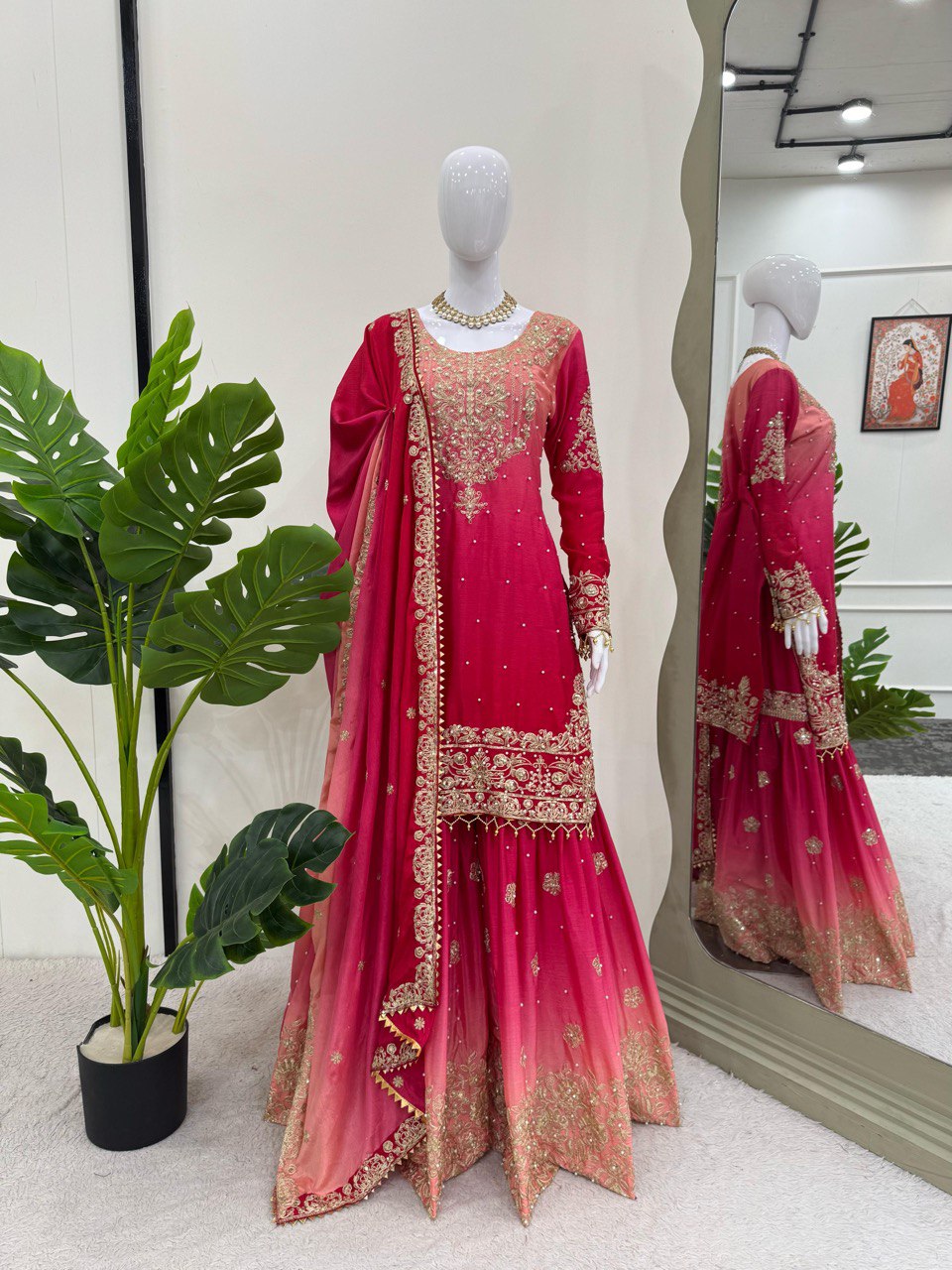 Pink Color Shaded Silk Stitched Sharara Suit