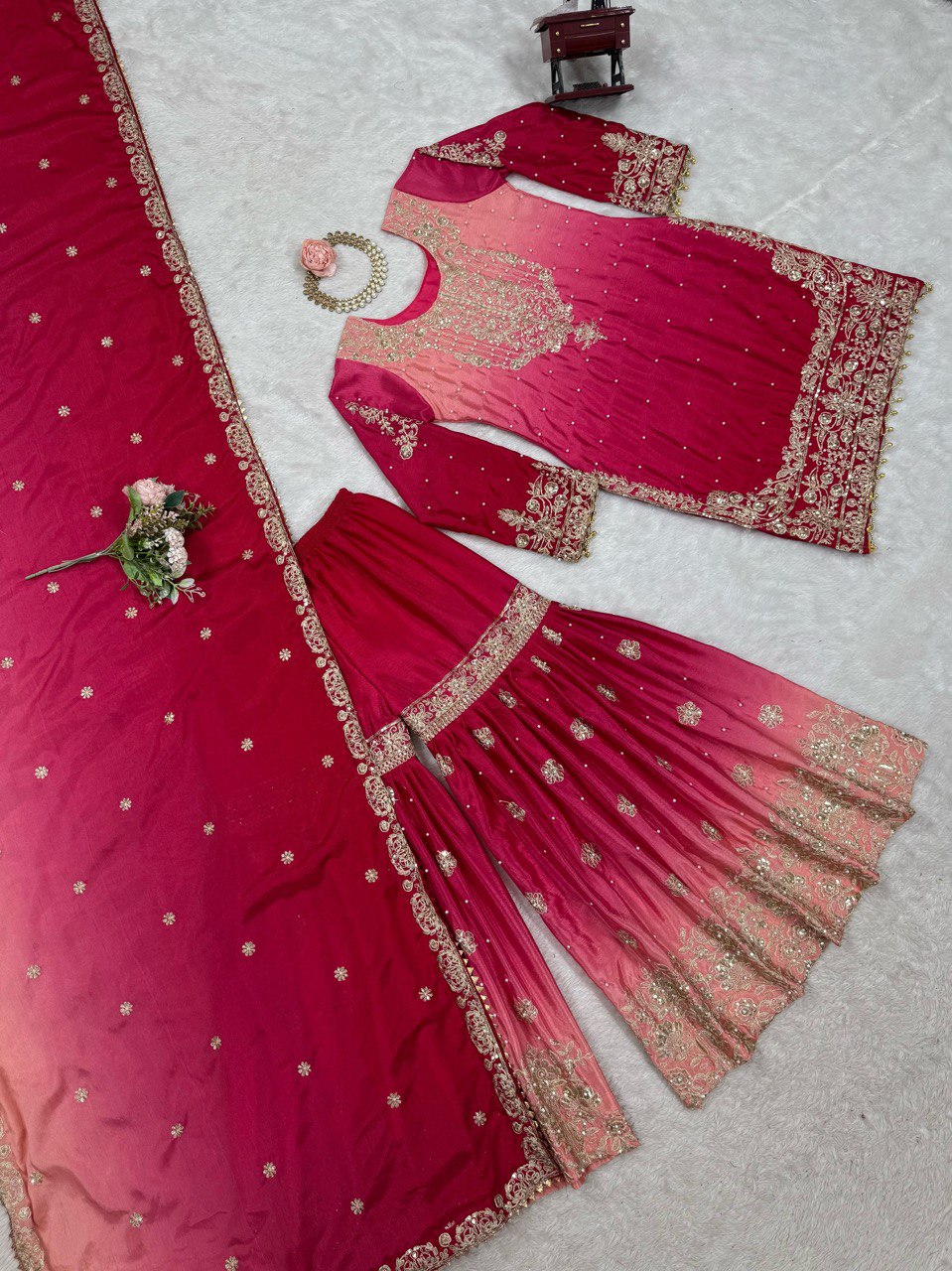 Pink Color Shaded Silk Stitched Sharara Suit