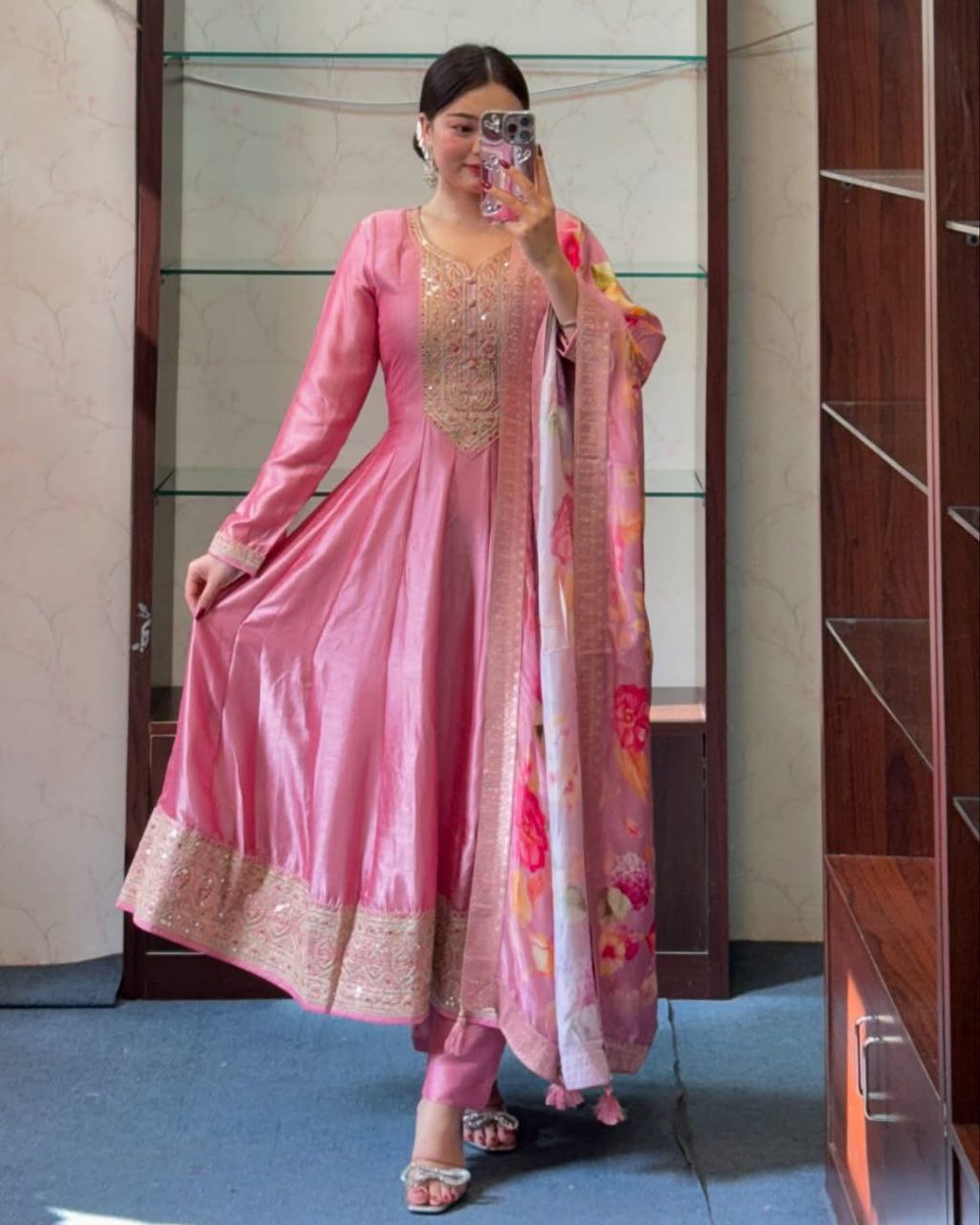 Beautiful Light Pink Anarkali Flared Kurti Pant Dupatta Set