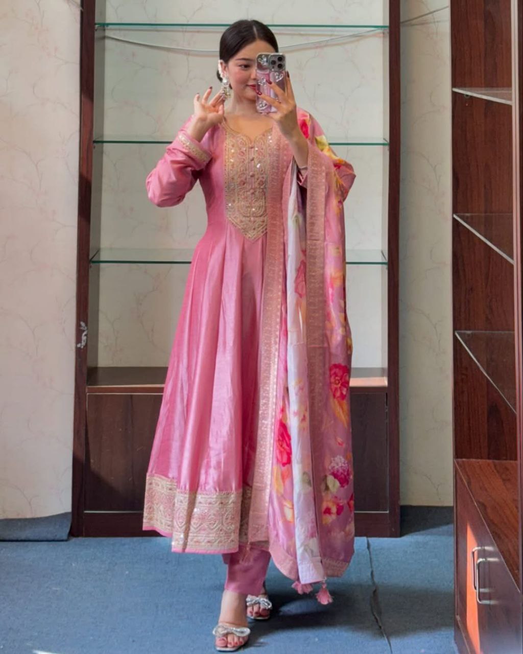 Beautiful Light Pink Anarkali Flared Kurti Pant Dupatta Set
