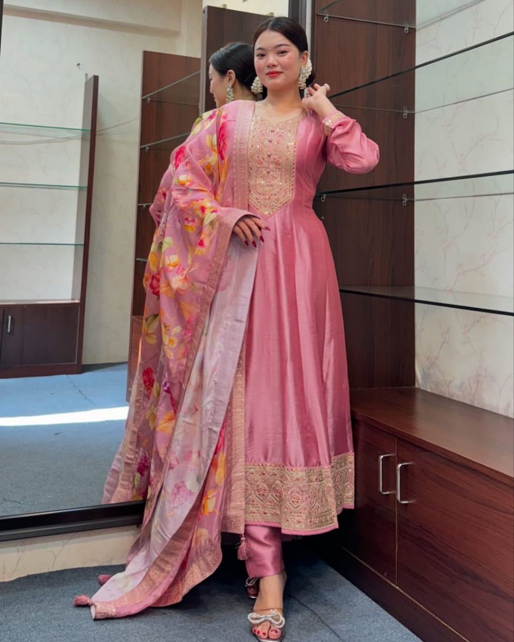 Beautiful Light Pink Anarkali Flared Kurti Pant Dupatta Set