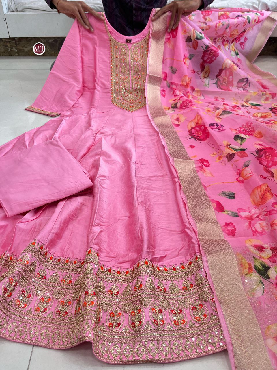 Beautiful Light Pink Anarkali Flared Kurti Pant Dupatta Set
