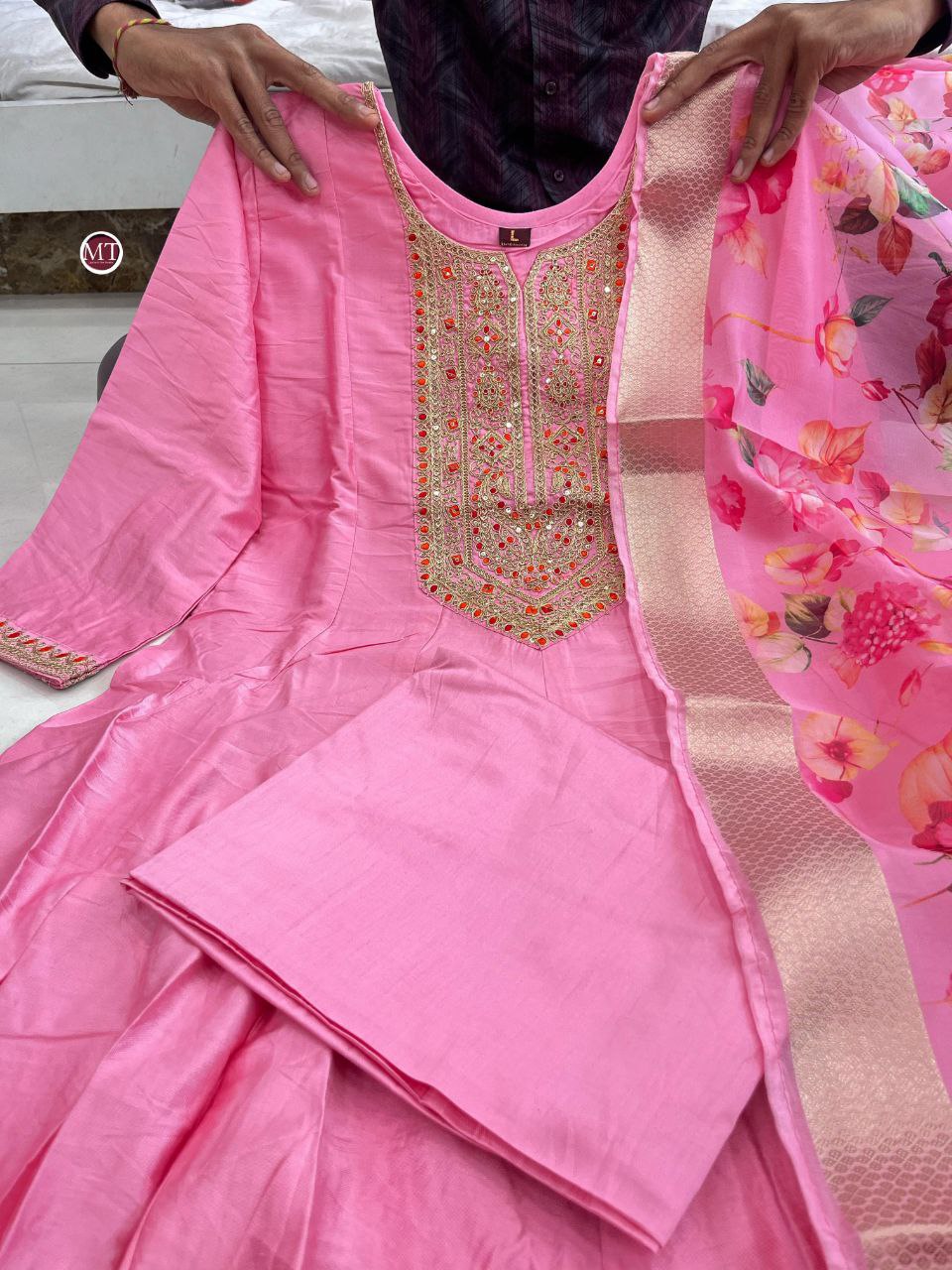 Beautiful Light Pink Anarkali Flared Kurti Pant Dupatta Set