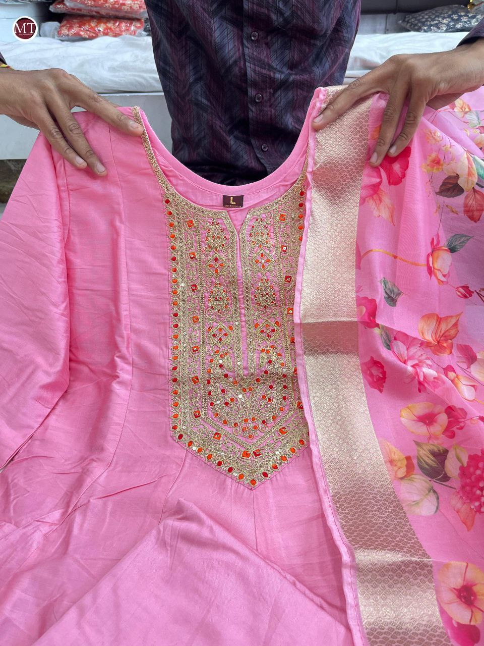 Beautiful Light Pink Anarkali Flared Kurti Pant Dupatta Set