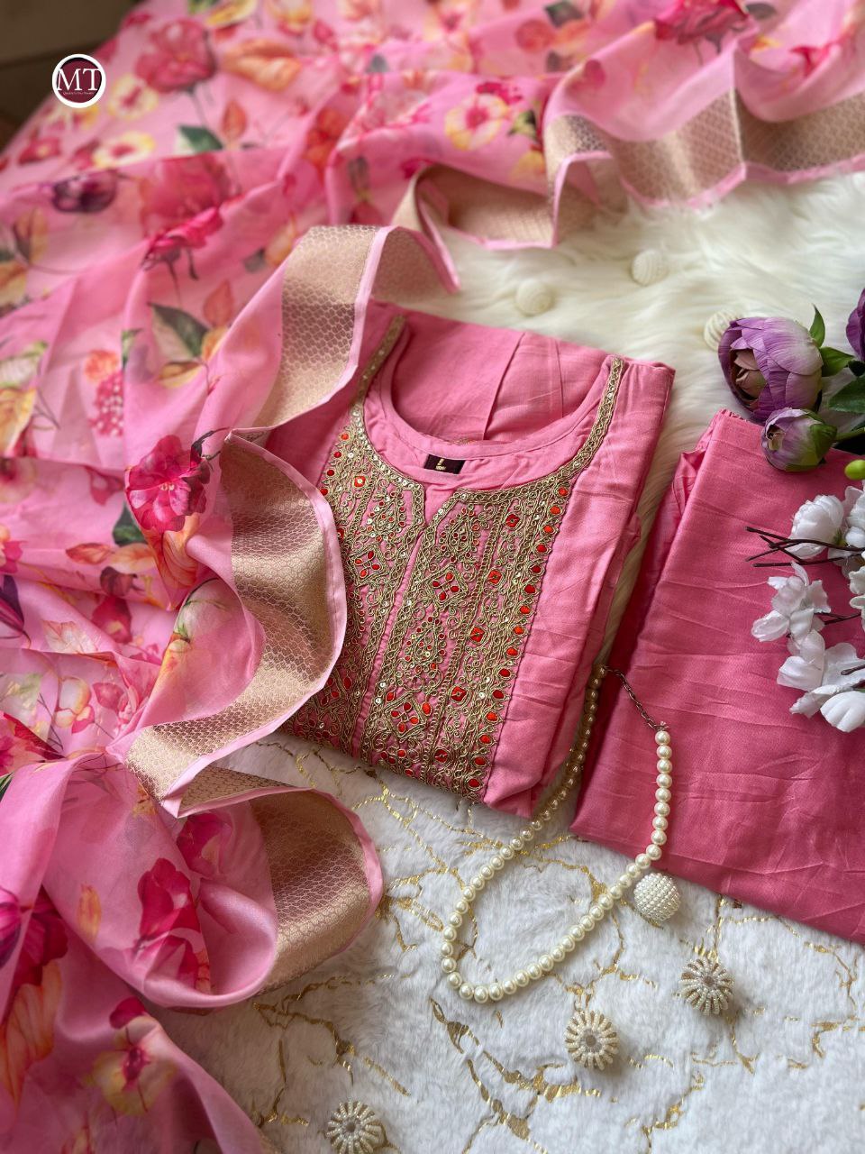 Beautiful Light Pink Anarkali Flared Kurti Pant Dupatta Set