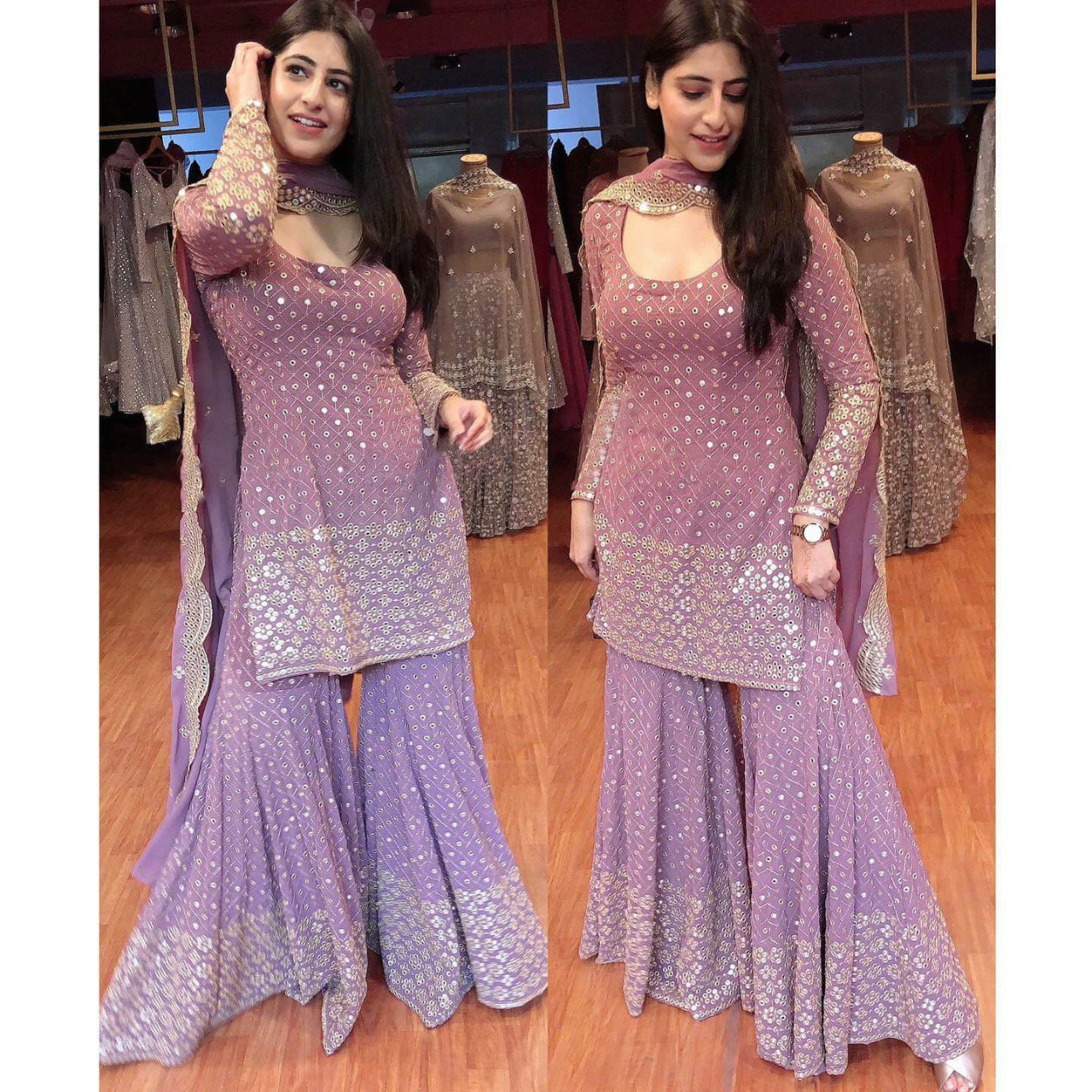 Lilac Colour Georgette Stitched Sharara Suit