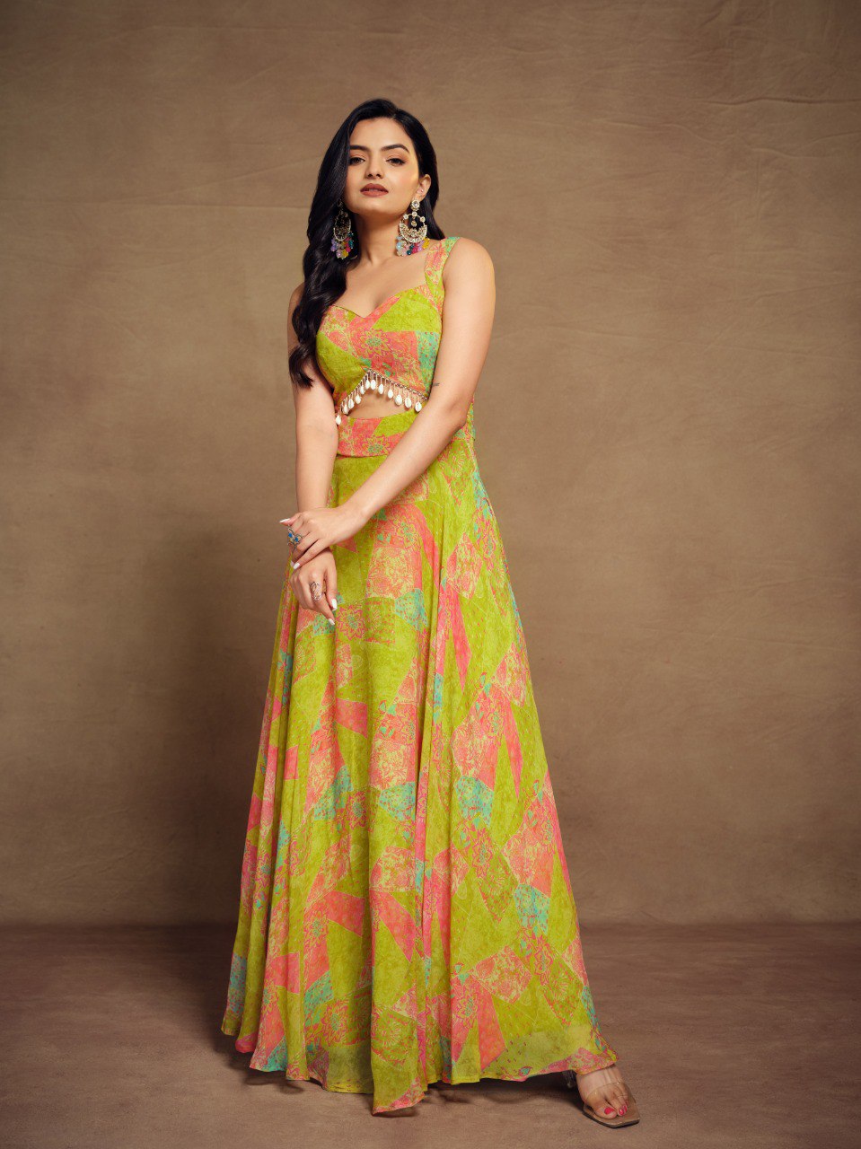 Parrot Green Color Faux Georgette Floral Printed Stitched Gown
