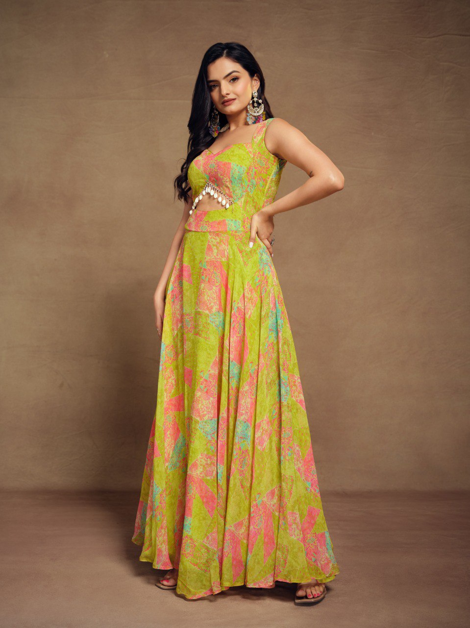 Parrot Green Color Faux Georgette Floral Printed Stitched Gown