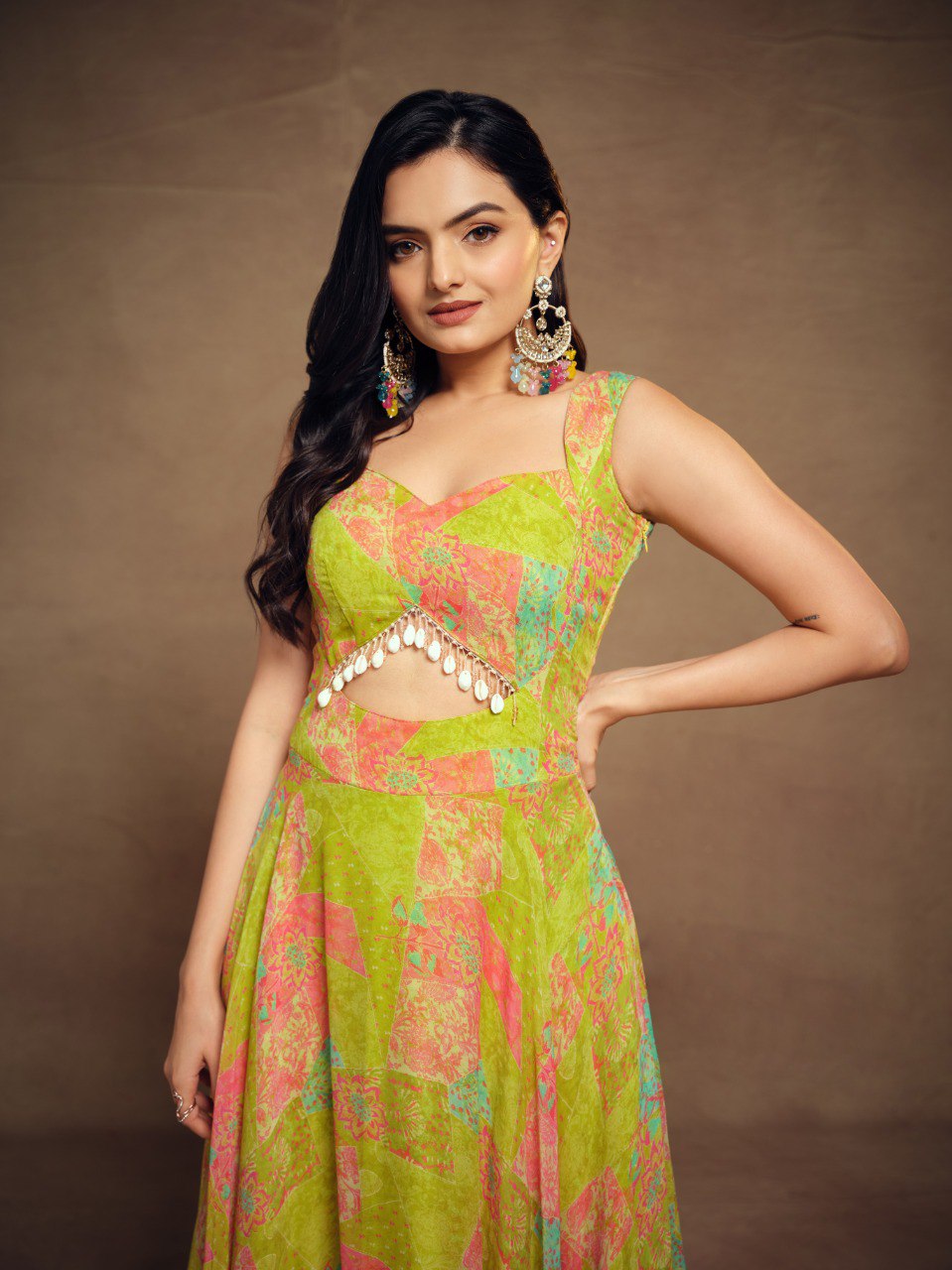 Parrot Green Color Faux Georgette Floral Printed Stitched Gown