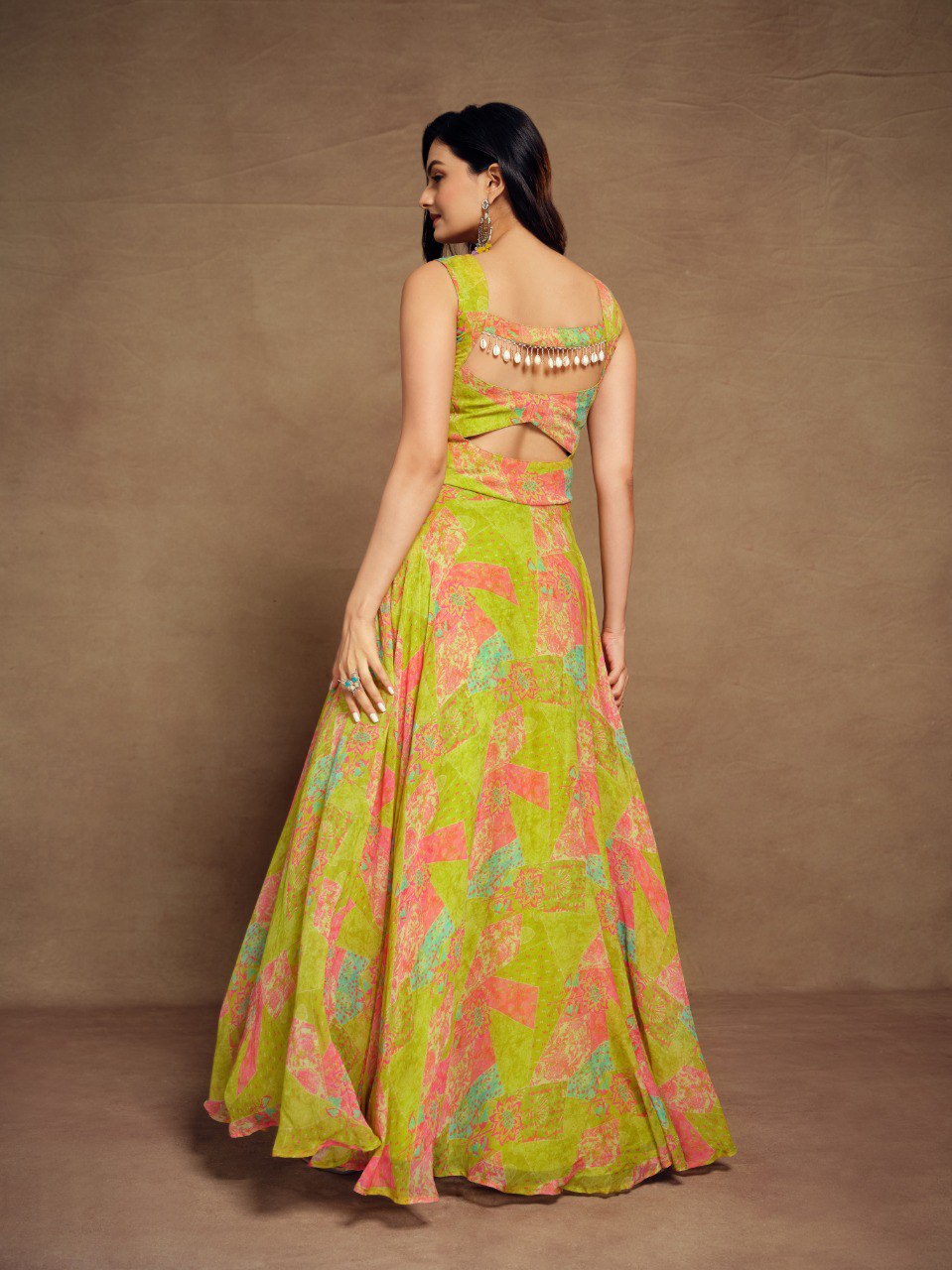 Parrot Green Color Faux Georgette Floral Printed Stitched Gown