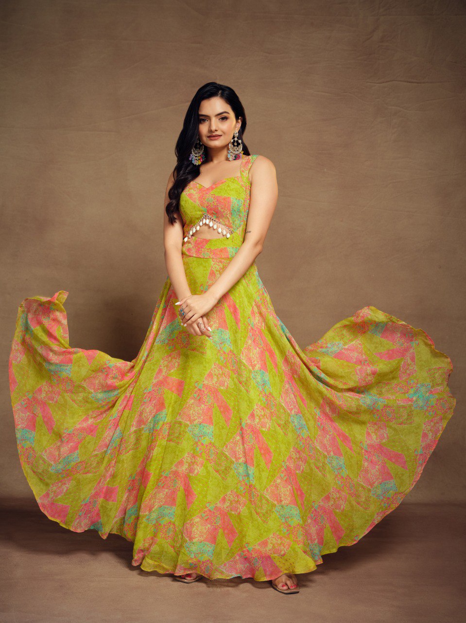 Parrot Green Color Faux Georgette Floral Printed Stitched Gown