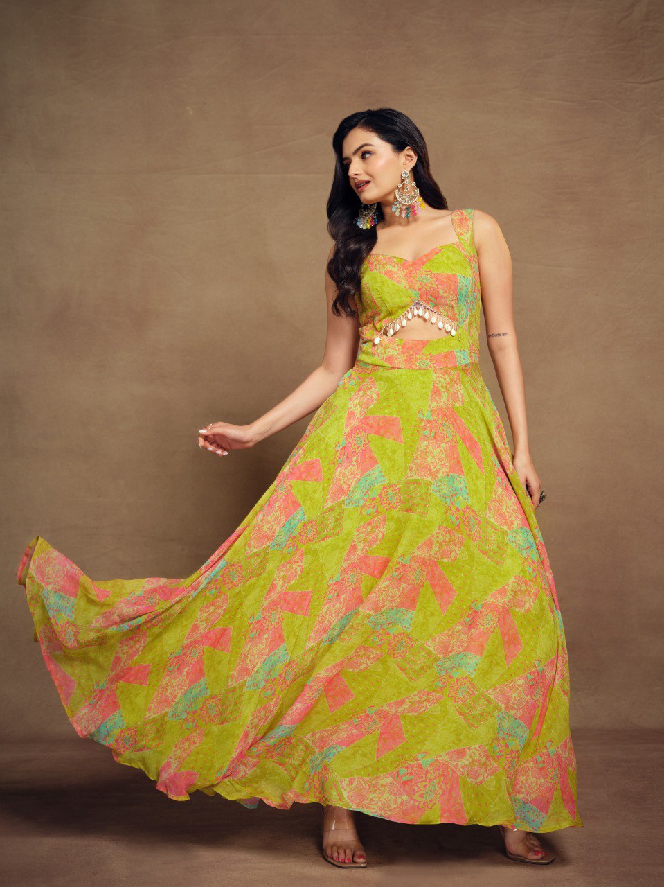Parrot Green Color Faux Georgette Floral Printed Stitched Gown