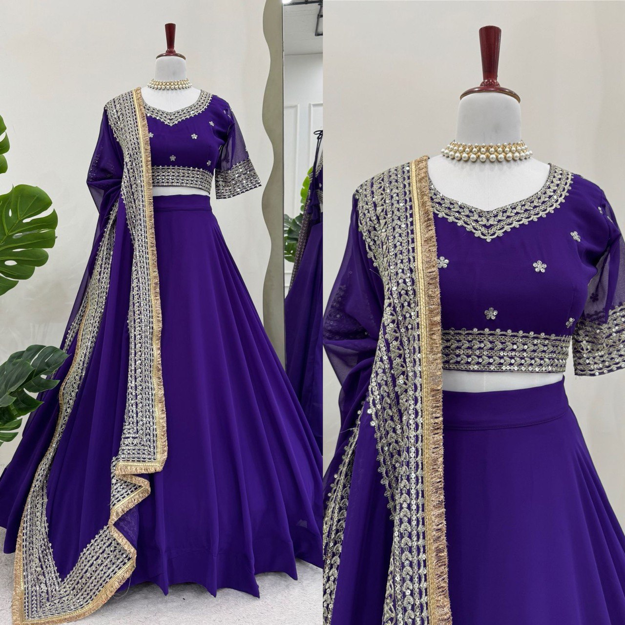 Purple Georgette Plain Lehenga Choli with Heavy Dupatta Border