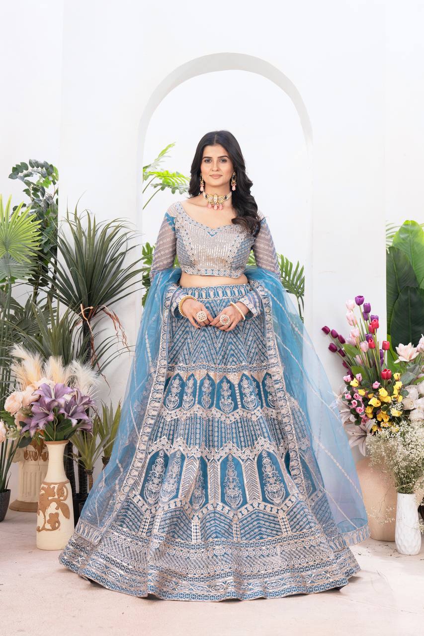 Marvelous Blue Embroidery Sequins Work Wedding Wear Lehenga Choli With Dupatta