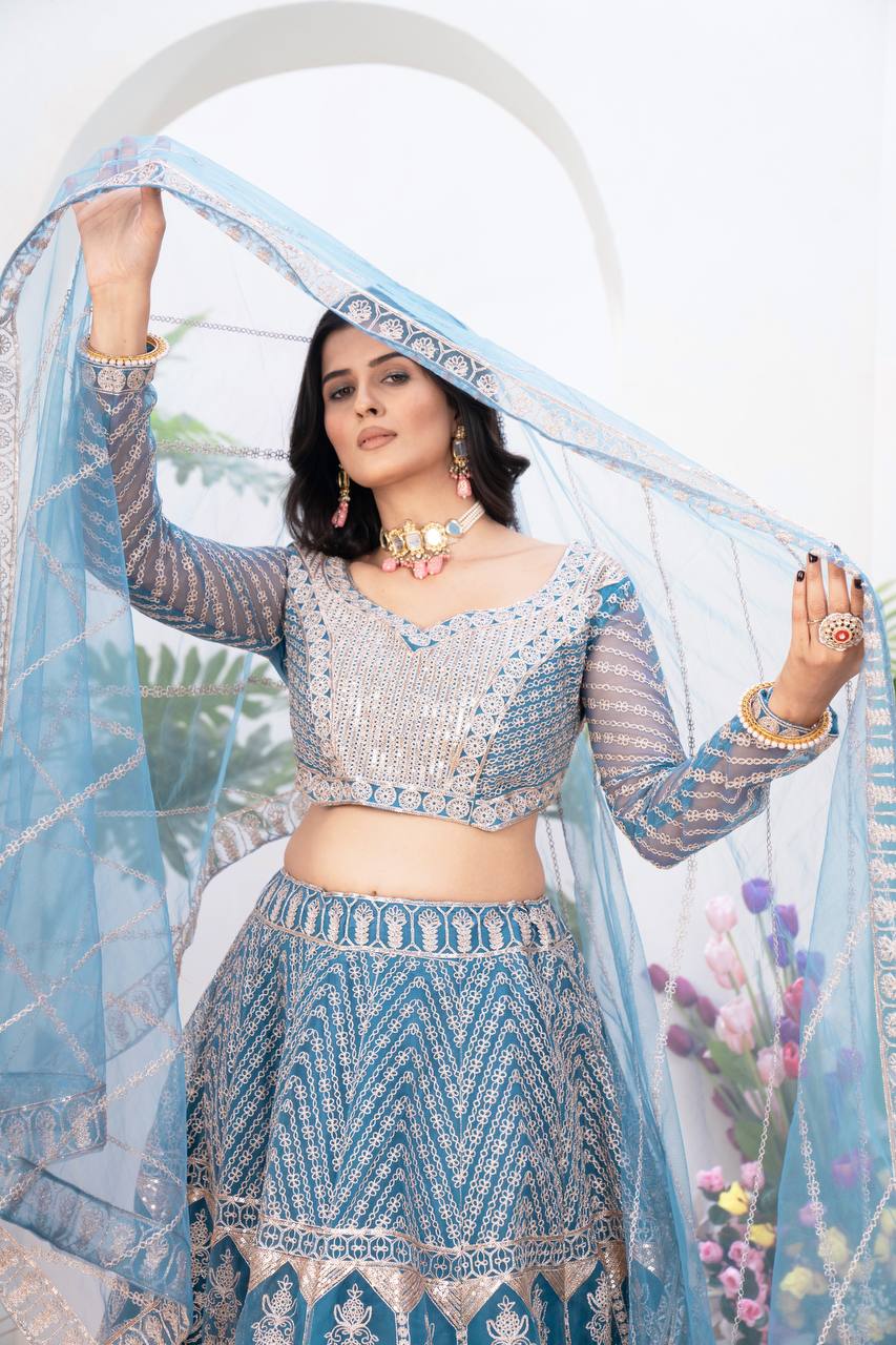Marvelous Blue Embroidery Sequins Work Wedding Wear Lehenga Choli With Dupatta