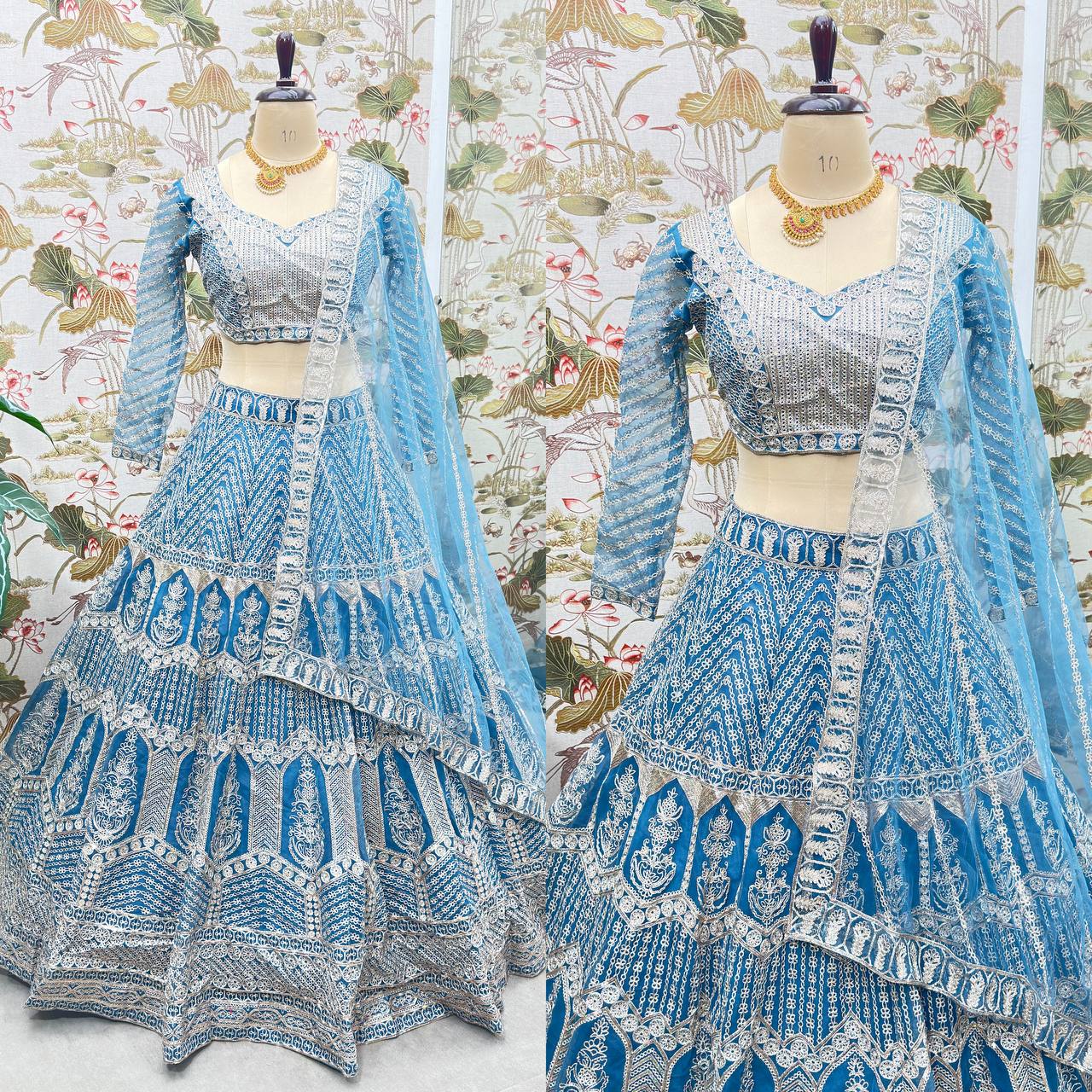 Marvelous Blue Embroidery Sequins Work Wedding Wear Lehenga Choli With Dupatta