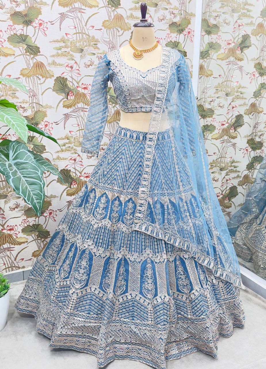 Marvelous Blue Embroidery Sequins Work Wedding Wear Lehenga Choli With Dupatta