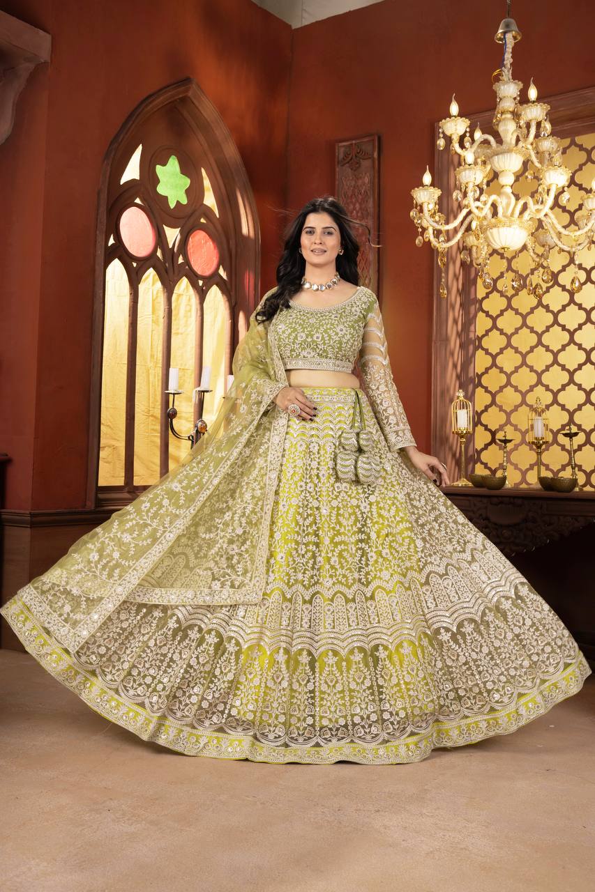 Heavy Chain Stich Work Green Lehenga Choli