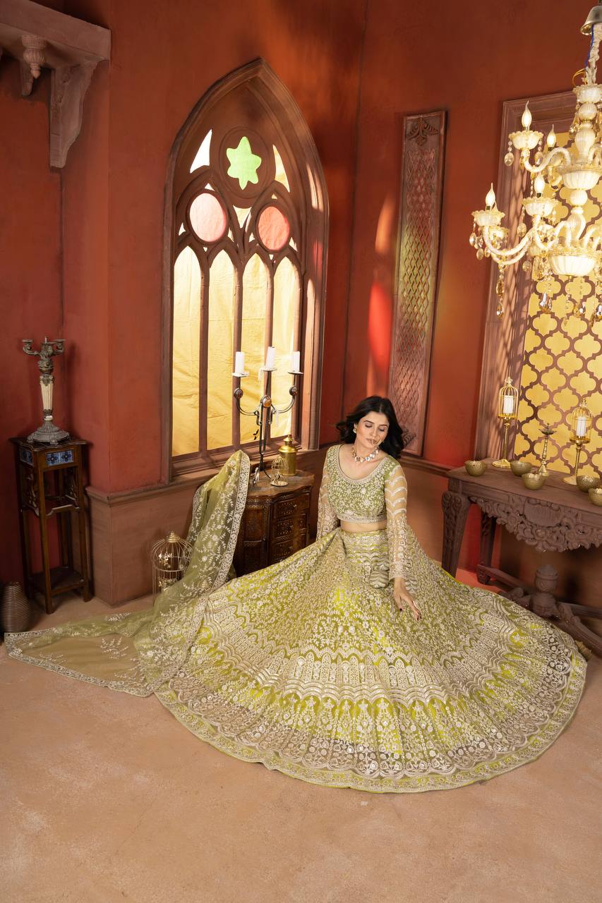 Heavy Chain Stich Work Green Lehenga Choli