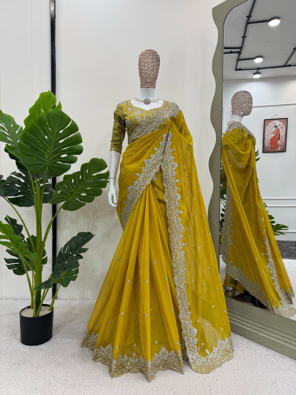 Tubby Silk Thred & Sequnce Work Saree & Mono Benglori Silk Blouse Fabric