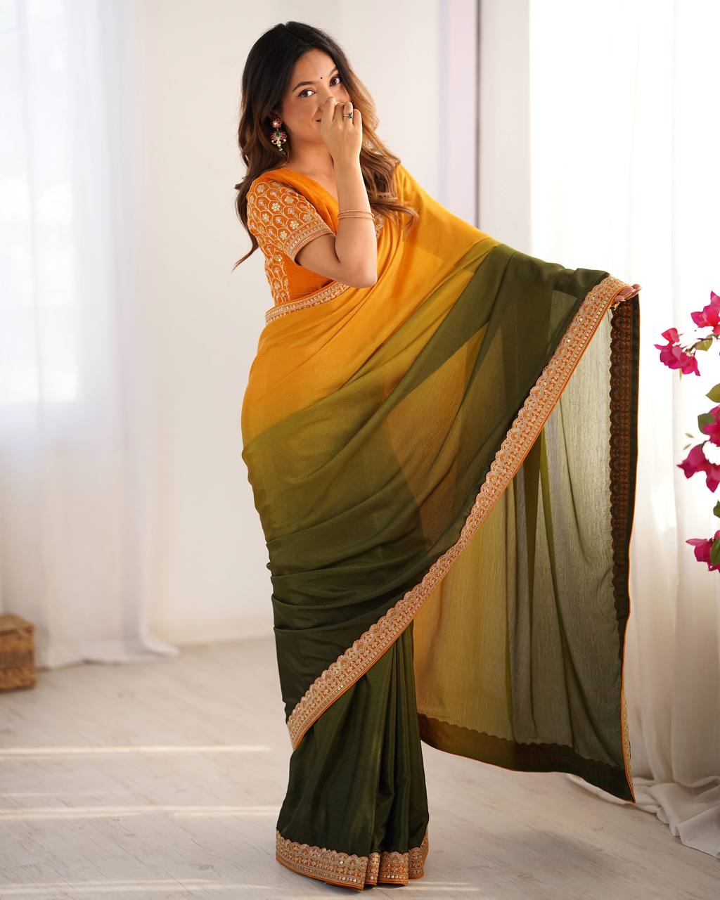 Mehendi Green And Yellow Chinon Silk Thred With Sequnce Lace Work Saree