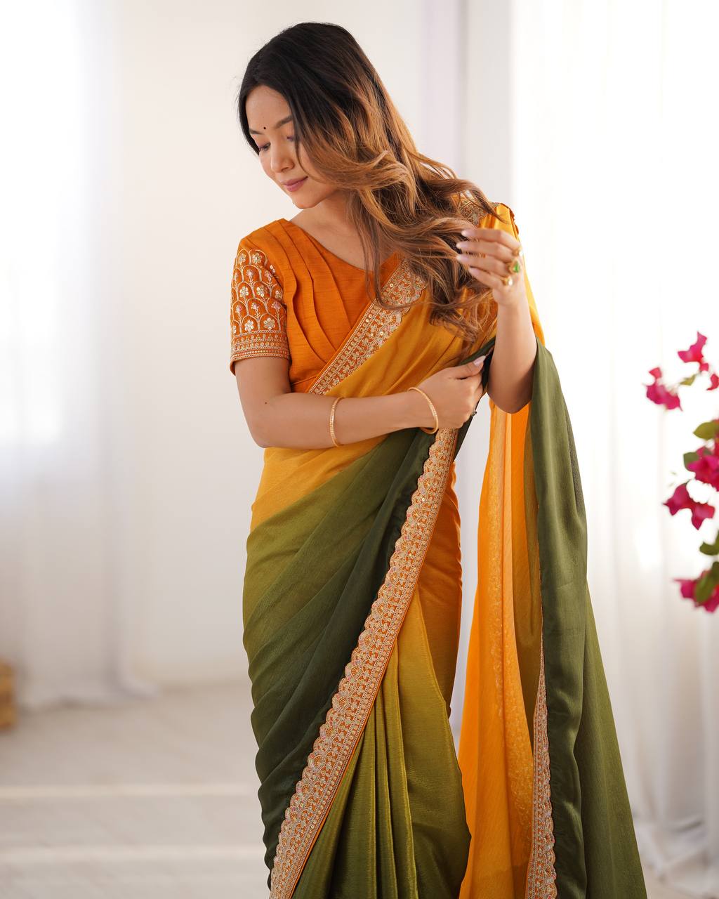 Mehendi Green And Yellow Chinon Silk Thred With Sequnce Lace Work Saree