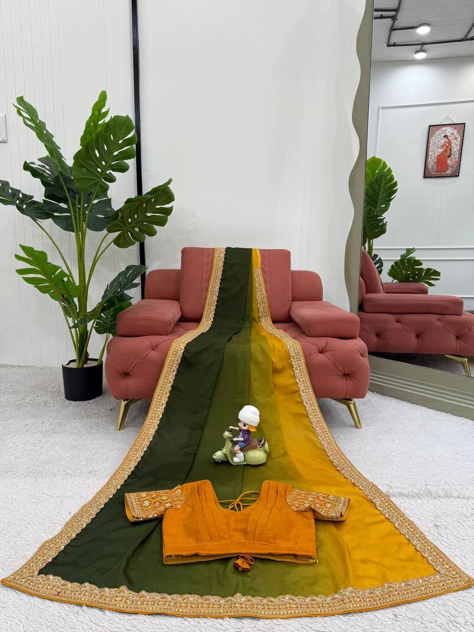 Mehendi Green And Yellow Chinon Silk Thred With Sequnce Lace Work Saree