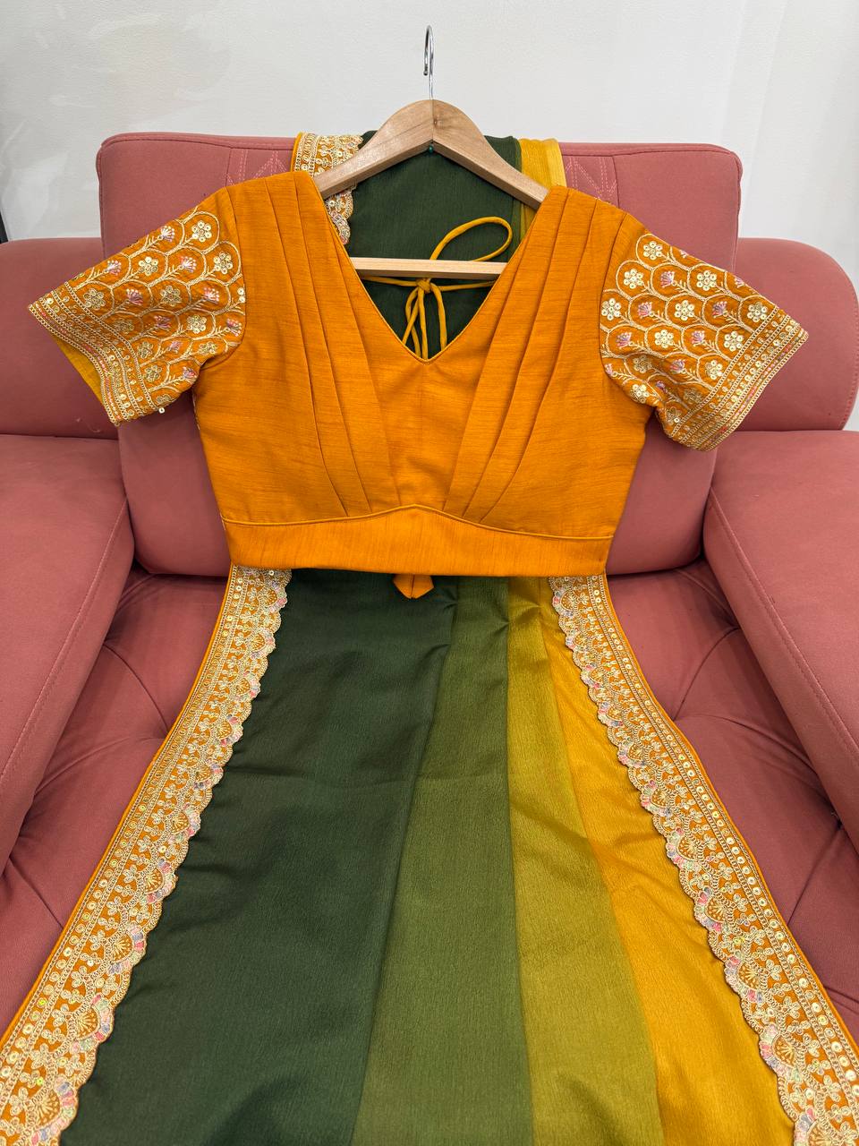 Mehendi Green And Yellow Chinon Silk Thred With Sequnce Lace Work Saree