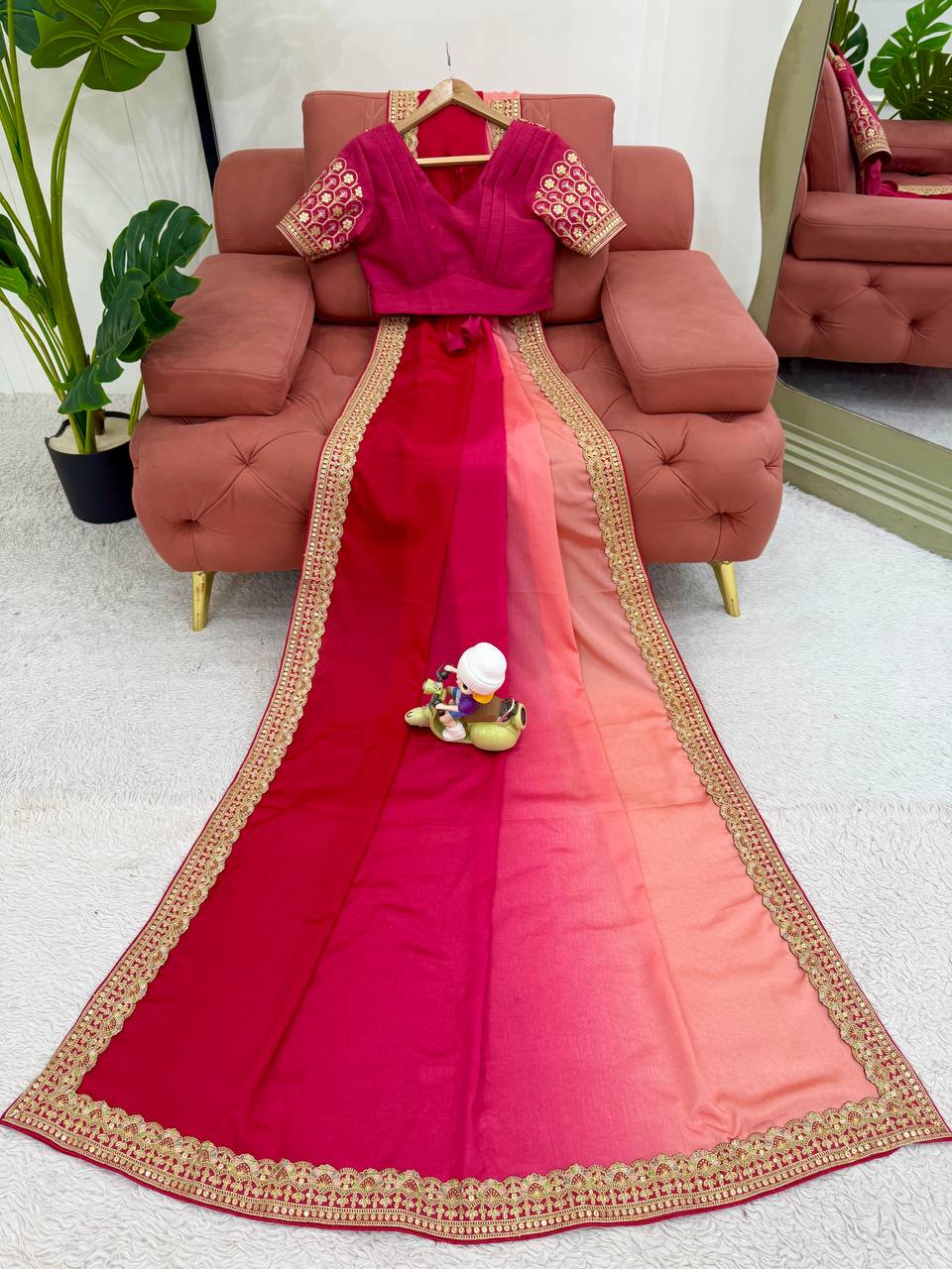 Pink Colour Chinon Silk Thred With Sequnce Lace Work Saree