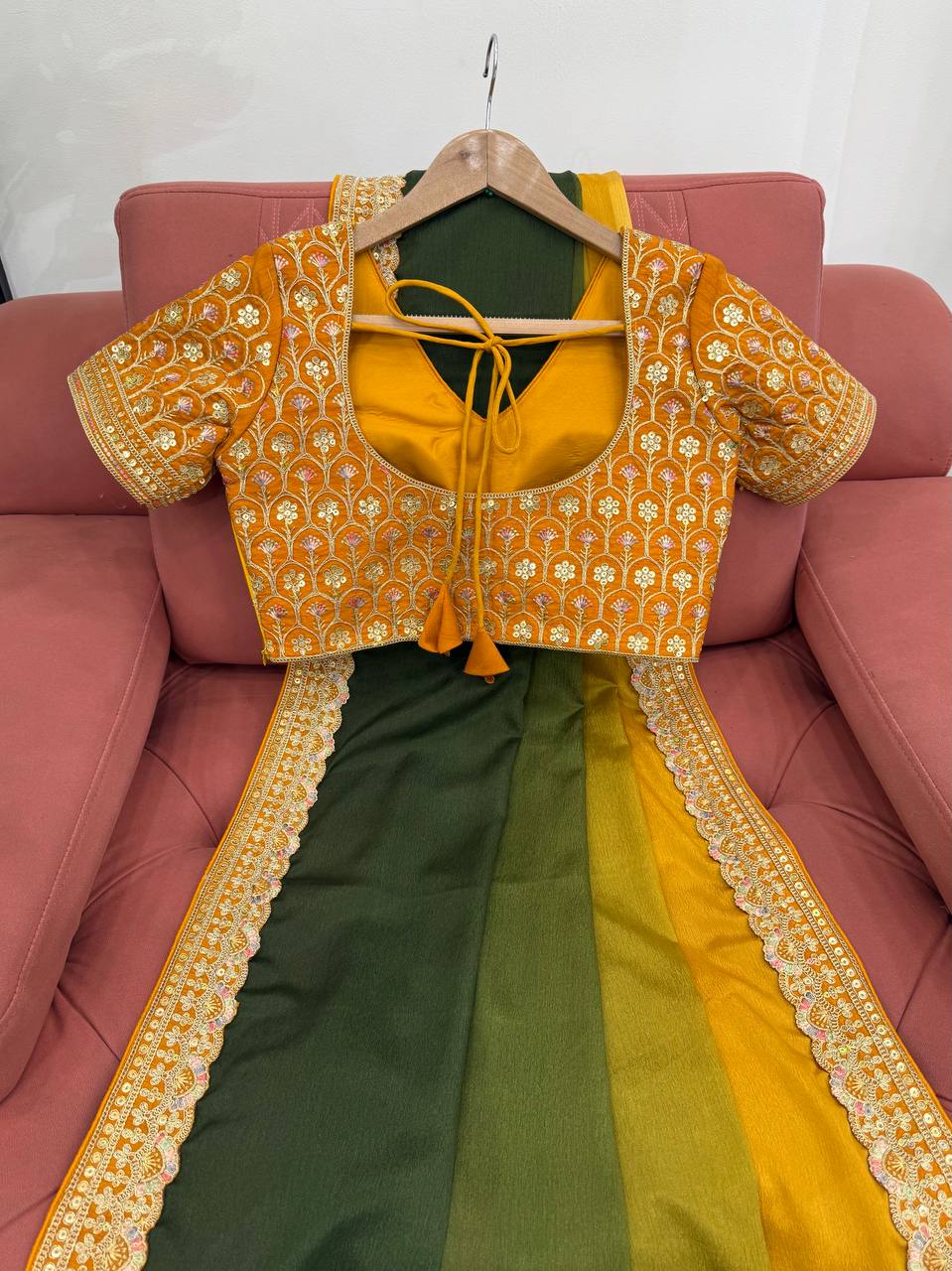 Mehendi Green And Yellow Chinon Silk Thred With Sequnce Lace Work Saree