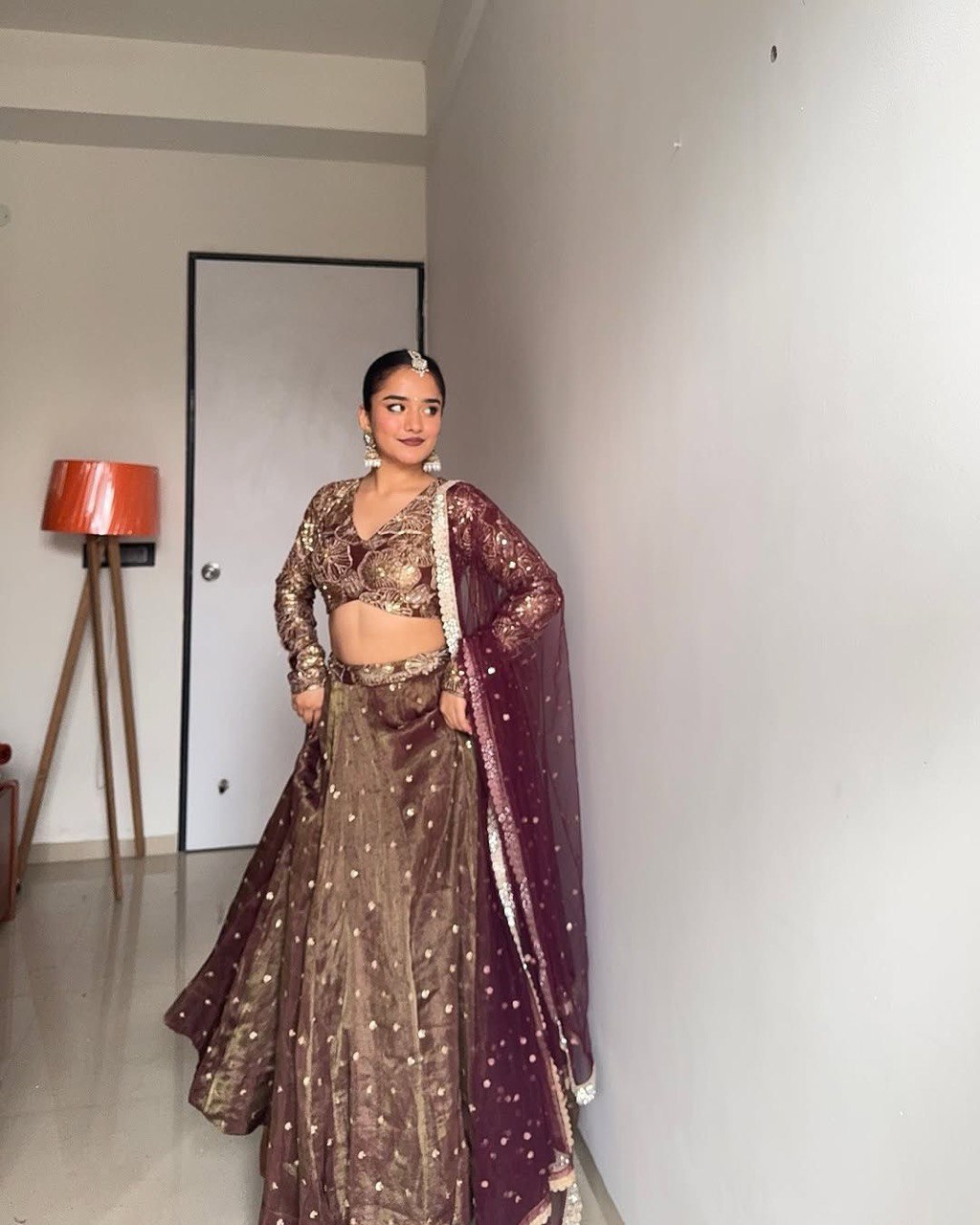 Chocalaty Jimmy Chu Silk Lehenga With Maroon Dupatta