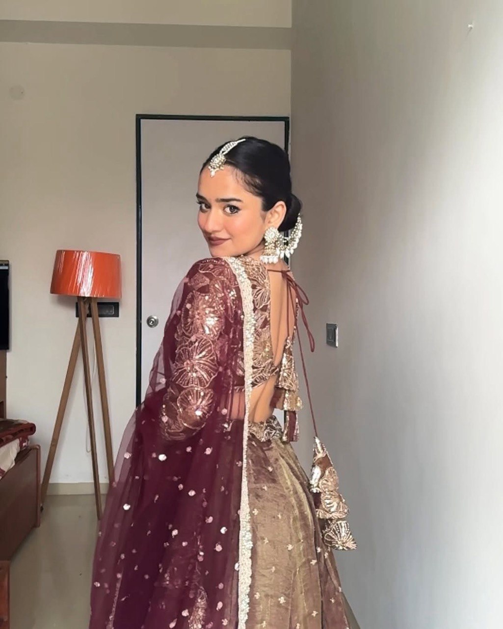Chocalaty Jimmy Chu Silk Lehenga With Maroon Dupatta