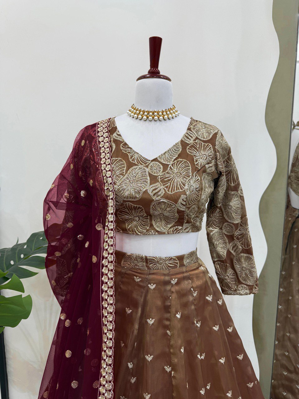 Chocalaty Jimmy Chu Silk Lehenga With Maroon Dupatta