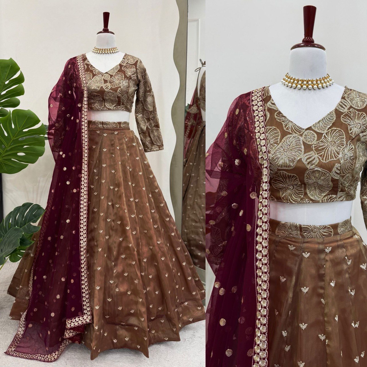 Chocalaty Jimmy Chu Silk Lehenga With Maroon Dupatta