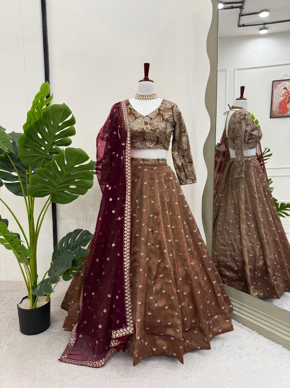 Chocalaty Jimmy Chu Silk Lehenga With Maroon Dupatta