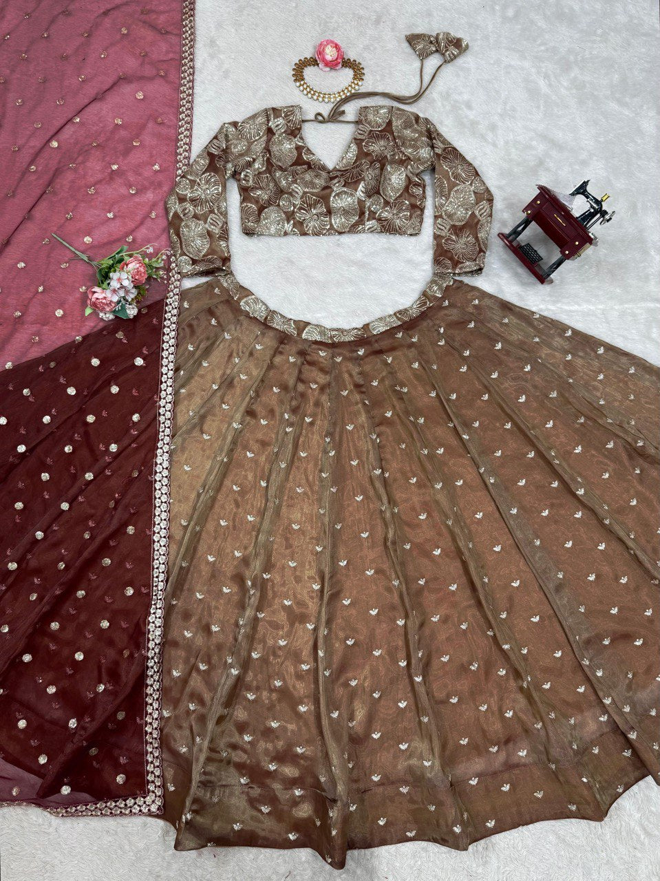 Chocalaty Jimmy Chu Silk Lehenga With Maroon Dupatta