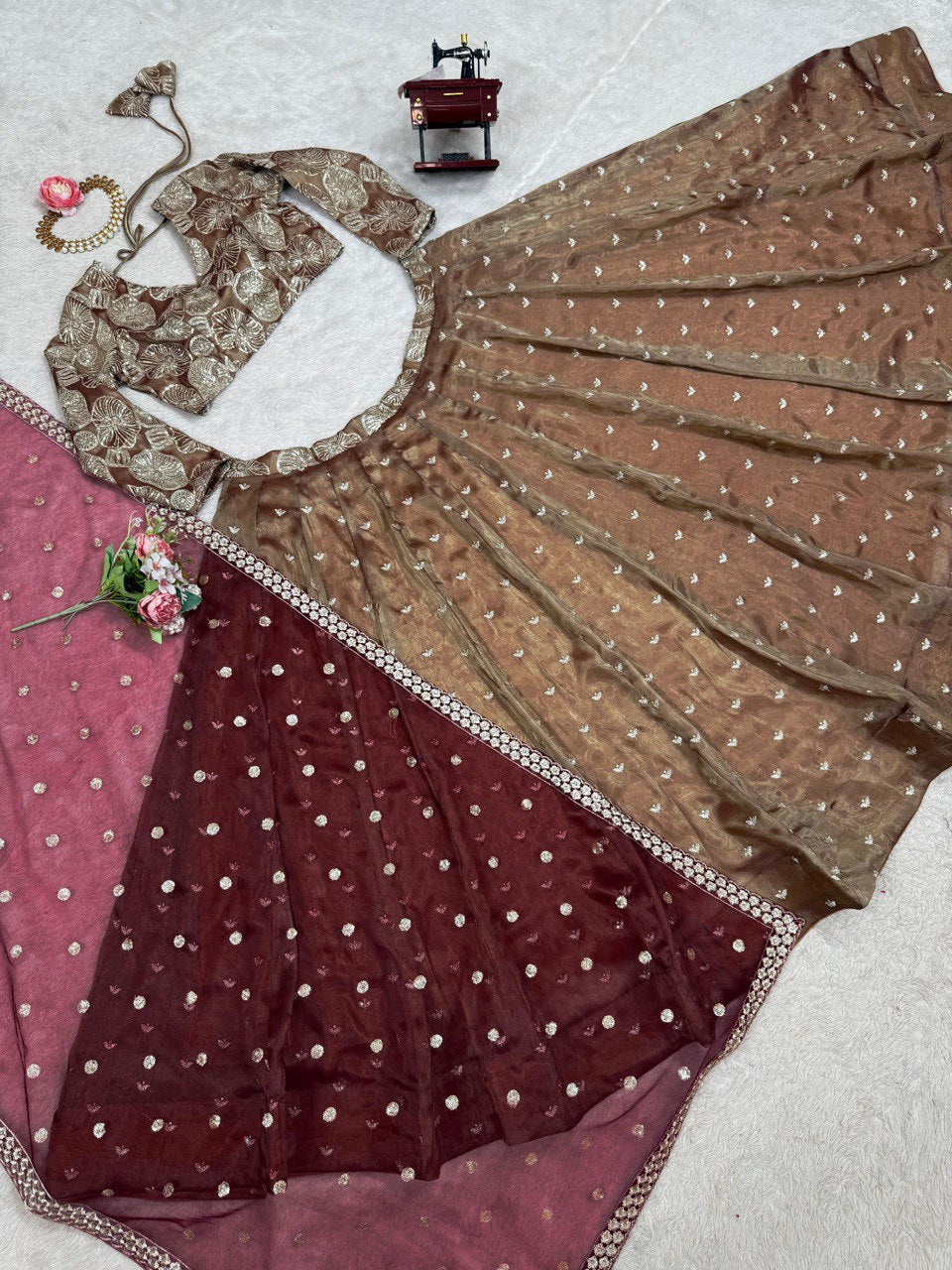 Chocalaty Jimmy Chu Silk Lehenga With Maroon Dupatta