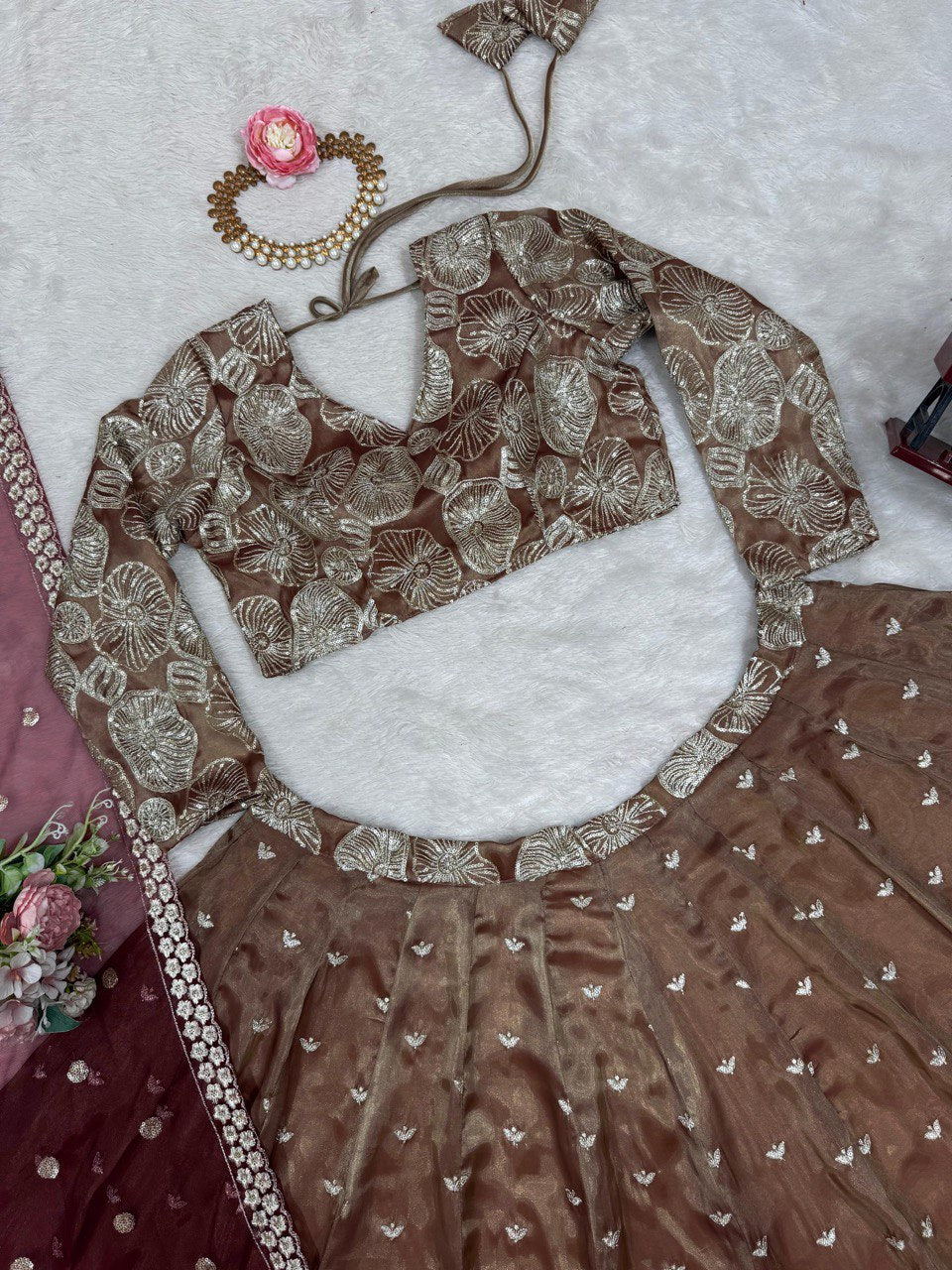 Chocalaty Jimmy Chu Silk Lehenga With Maroon Dupatta