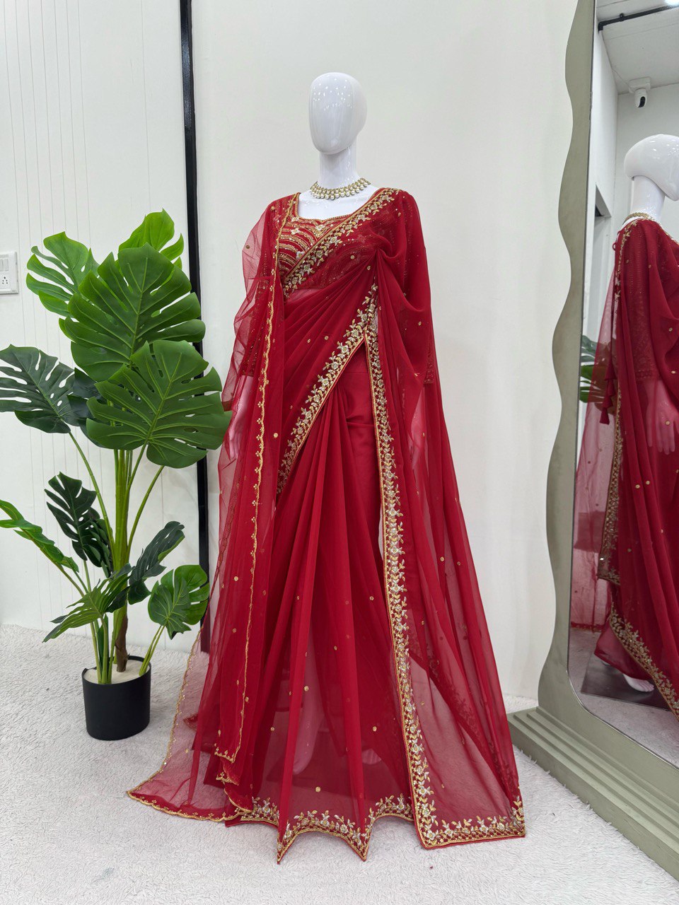 Red Wedding Wear Saree Faux Georgette Thred With Sequnce Work & Dupatta Soft Net