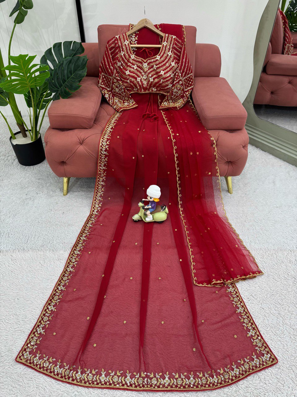 Red Wedding Wear Saree Faux Georgette Thred With Sequnce Work & Dupatta Soft Net