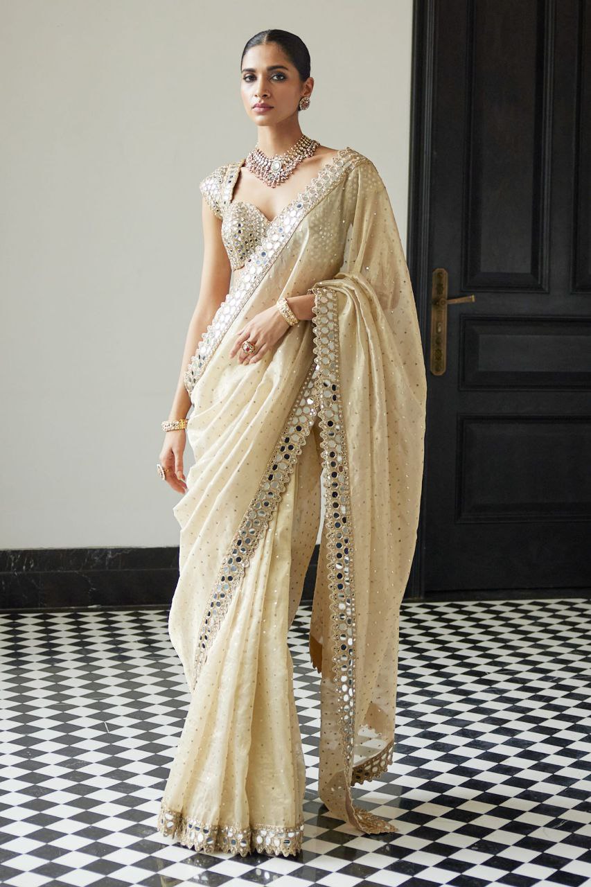Party Wear Heavy Mirror And Codding Work Saree