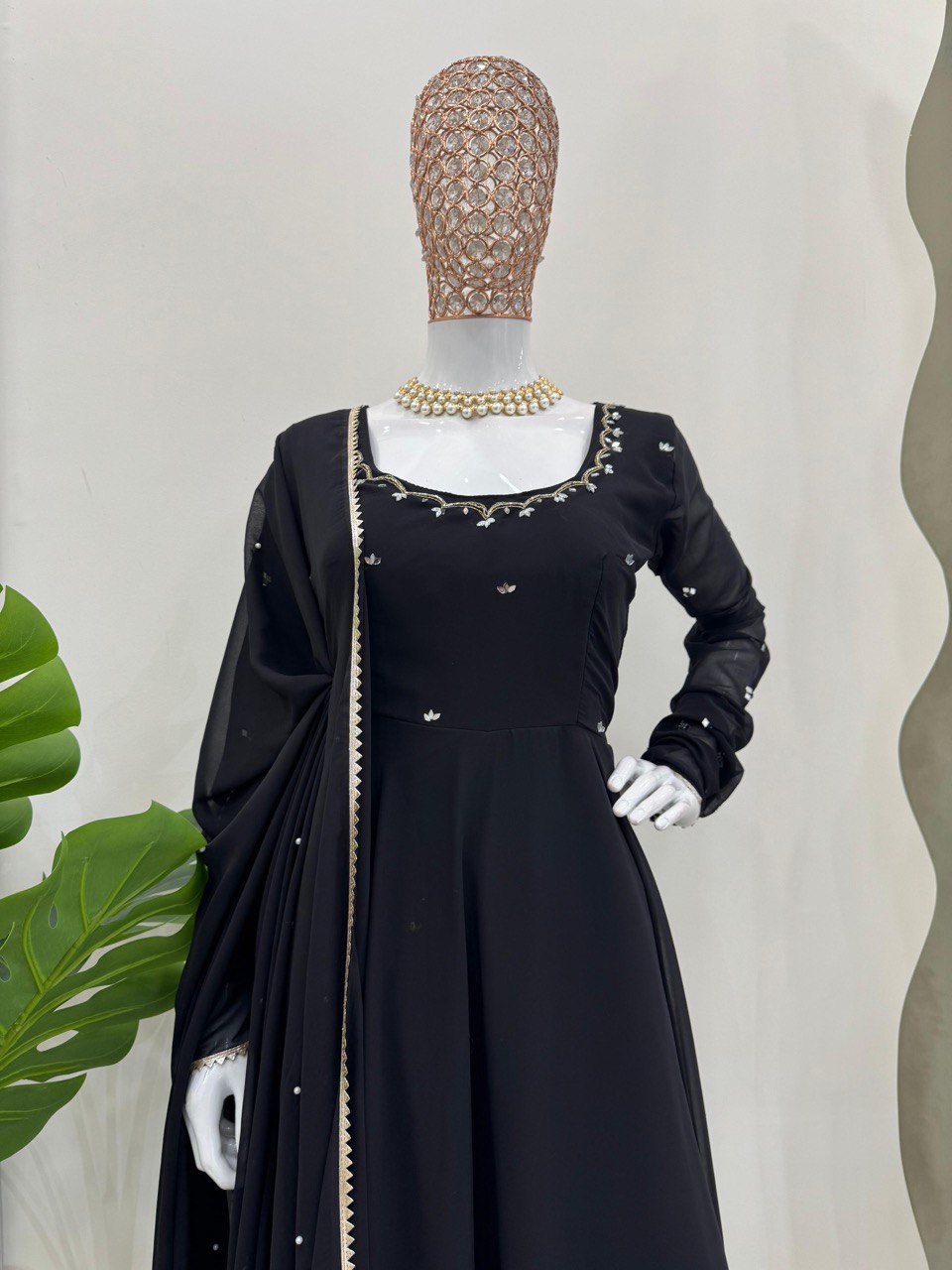 Fabulous Black Foux Georgette Gown Handwork With Lace Broder Dupatta
