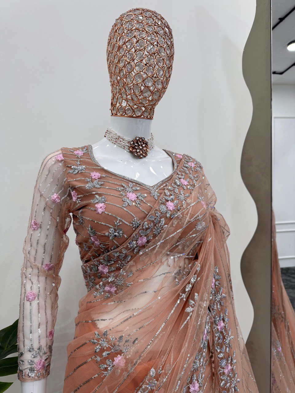 Dazzling Peach Colour Party Wear Soft Net Saree
