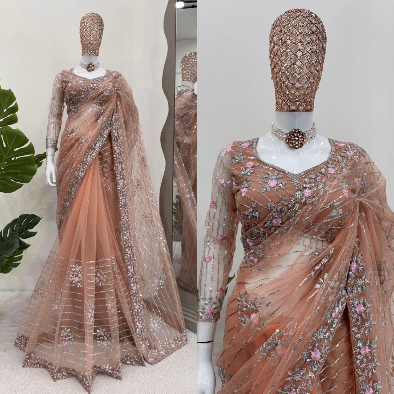 Dazzling Peach Colour Party Wear Soft Net Saree